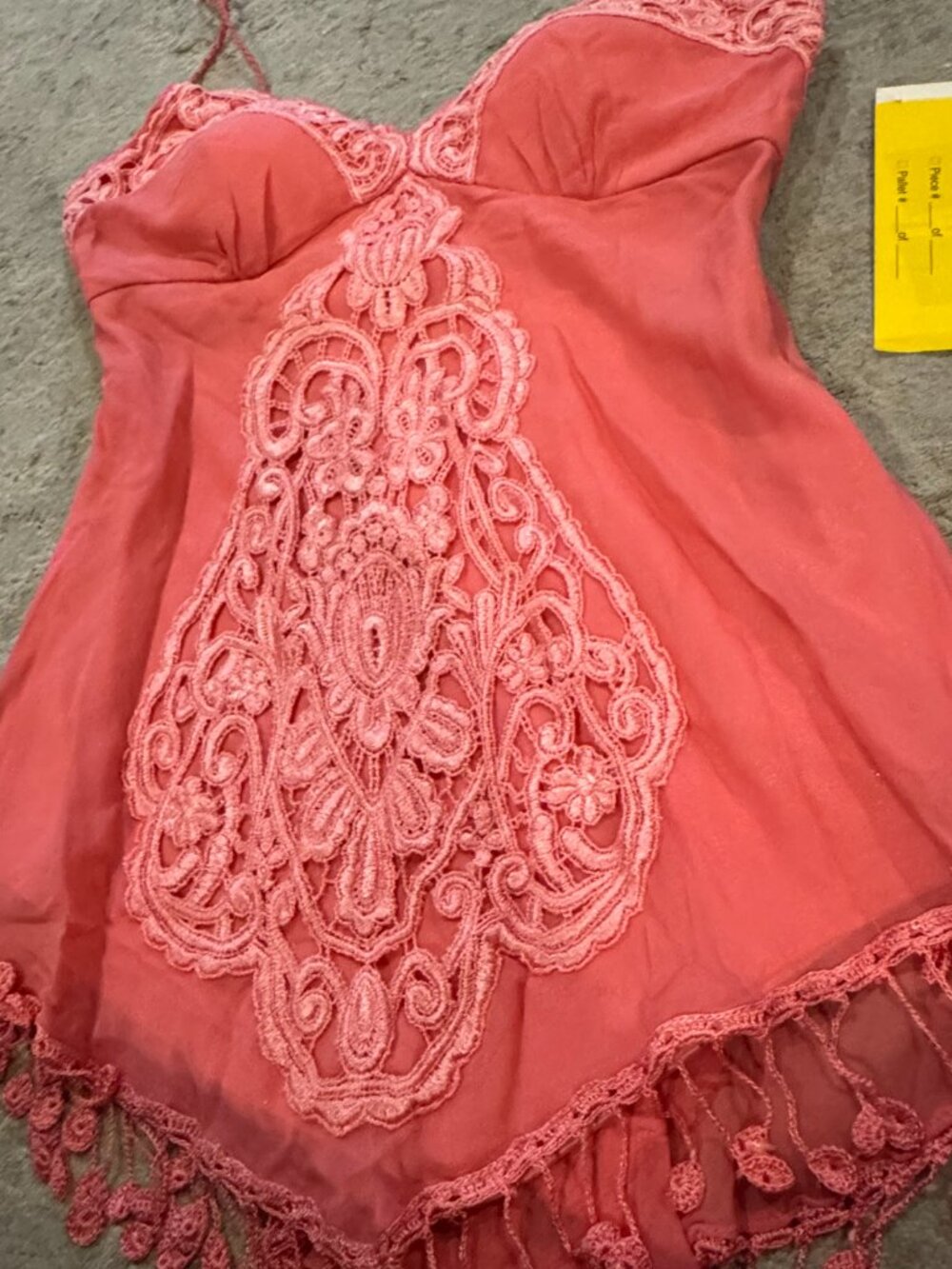 Sue Wong Silk Chiffon Y2K Handkerchief V Camisole Coral Pink Crochet Top Deco #7 - Picture 4 of 16
